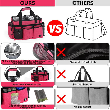 Large Cleaning Caddy Bags Pink with Sturdy Support Board, Cleaning Organizer with Detachable Dividers, Cleaning Supply Tote with Adjustable Shoulder Strap & Waist Belt for Cleaners Housekeepers