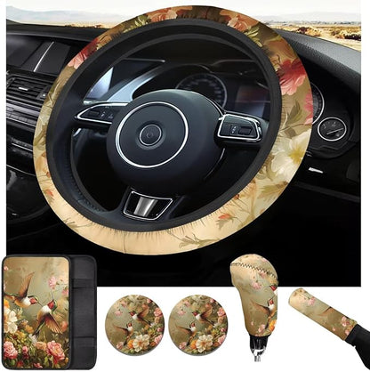 Magpies Birds Picture Steering Wheel Cover for Men Women Flower Car Interior Decor Cup Coaster Handbrake Cover Universal Fit Auto,Suvs,Truck