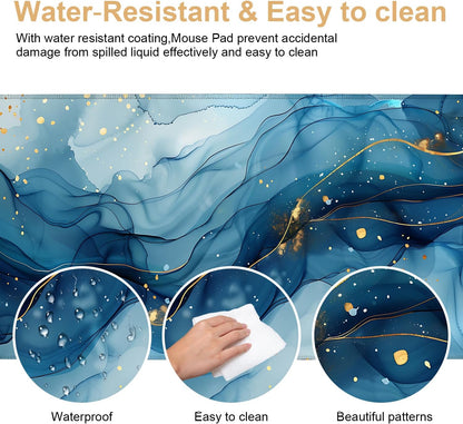 Large Mouse Pad, Blue Abstract Marble Desk Mat, Extended Gaming Mouse Pad with Non-Slip Rubber Base, Thick 3mm Smooth Surface Keyboard Mat for Office & Home,35.5 x 15.8 in