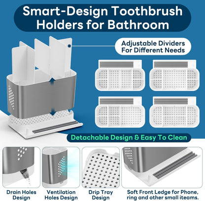Bathroom Countertop Organizer with Front Ledge for Phone, Detachable Kids Toothbrush Holders with Cord Slots and Ring Holder, 6 Slots Toothbrush Toothpaste Holder with Drainage for Family