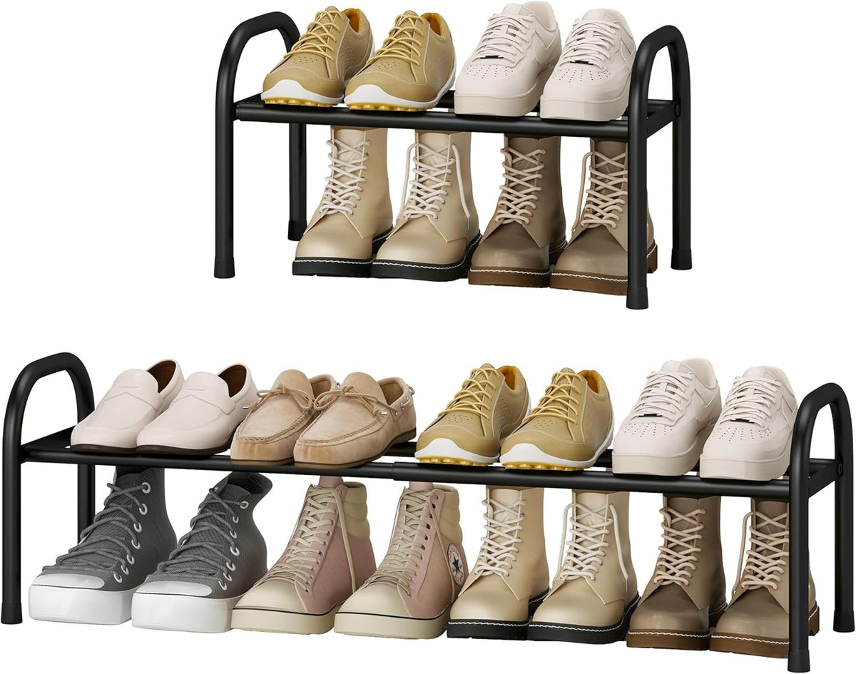 STO STO Expandable Shoe Organizer, 1-Tier Metal Shoe Rack for Closet, Up to 8 Pairs Adjustable Storage for Front Door Entrance, Free Standing Organizer for Entryway, Black