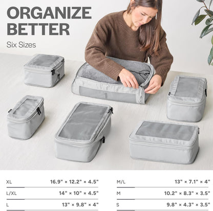 Aerotrunk Compression Packing Cubes for Travel - Luggage Organizer Bags - Double Zipper Packing Cubes for Suitcases (6-Pack, Light Grey)