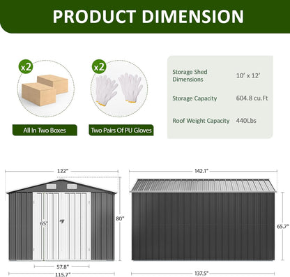 10x12 FT Outdoor Storage Shed, Metal Garden Tool Shed with Updated Frame Structure and Lockable Doors, Ideal for Backyard Garden Patio Lawn, Grey