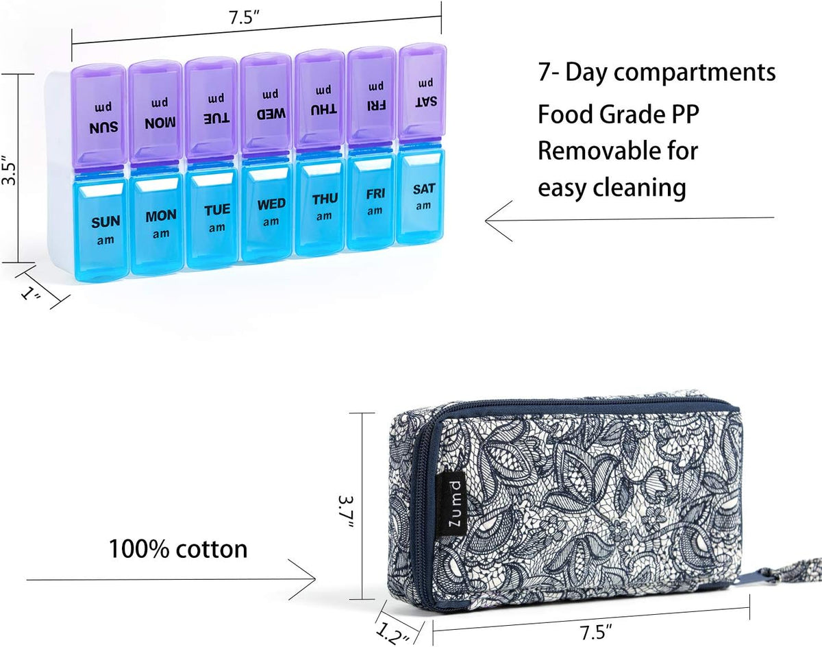 Weekly Pill Organizer 2 Times a Day, Zumd Pill Box 7 Day with Cute Quilted Fabric Zipper Case, Travel Pill Case Am Pm for Vitamin Medicine Organizer