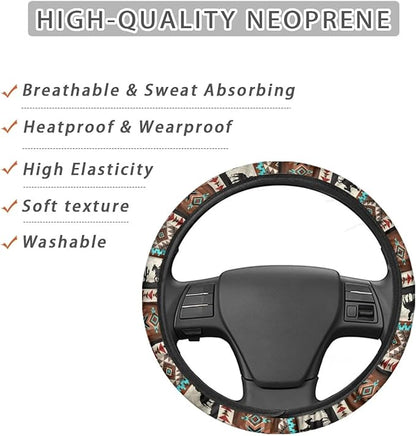 SEANATIVE Western Aztec Horse Universal Steering Wheel Cover, Silicone, 15 inches, Non-Slip, Soft, Easy to Disassemble