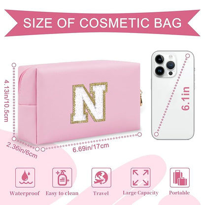 Personalized Initial A-Z Preppy Patch Makeup Bag,Small PU Chenille Letter Cosmetic Bag with Zipper for Teen Girls,Pink Cute Toiletry Organizer Bag,Monogram Makeup Case Gift for Women Girls,Letter N