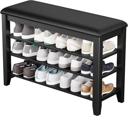 Entryway Shoe Storage Bench with Leather Cushion, Shoe Organizer Bench for Entryway, Ideal for Hallways Front Doors Entrances Mudrooms Featuring Rubberwood And 3 Height-Adjustable & Removable Shelve