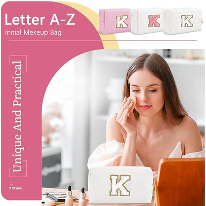 Small Personalized Initial A-Z Preppy Patch Makeup Bag,White PU Chenille Letter Travel Cosmetic Pouch with Zipper,Cute Toiletry Bag,Gift Ideal for Teen Girls Women Teacher Bridesmaid,Letter K