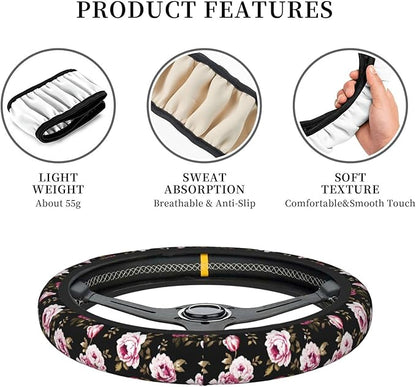 Peony Flower Steering Wheel Cover Women Men Elastic Stretch Soft Car Wheel Protector Universal Breathable No-Slip Car Accessories for Truck Van SUV Auto Fit 14-15 Inches