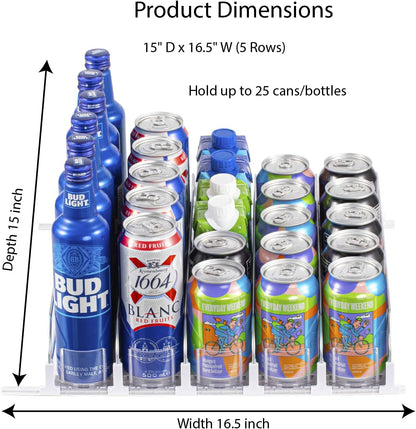 RULA Drink Organizer for Fridge, Self-Pushing Soda Can Dispenser for Refrigerator, Width Adjustable Beverage Pusher Glide - Holds up to 25 Cans (15" D, 5 Rows)