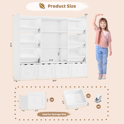 HITHOS 55" W Kids Toy Storage Organizer, Large Toy Box with Bookshelf, Toy Chest with 3 Cubes Storage Organizer, 6 Toy Organizers and Storage Bins, 4 Rolling Drawers for Kids Room, Playroom, White
