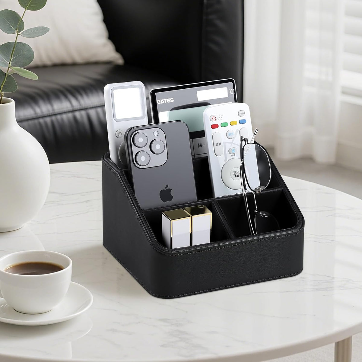 Remote Control Holder, PU Leather Small Desk Organizer with 4 Compartments, Nightstand Organizer Desk Caddy for Remote, Notepad, Phone, Glasses, and Accessories (Black)