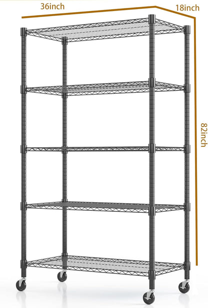 Himimi 5-Tier Heavy Duty Steel Wire Rack Storage Shelving, Adjustable Metal Storage Shelves with Wheels, 82''H Wire Shelf for Kitchen Garage Basement Pantry Organization, 18" D×36" W×82" H-Black