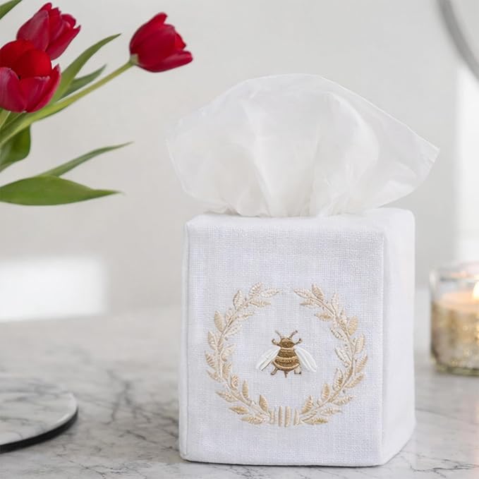 Jacaranda Living Square Tissue Box Cover, Linen/Cotton Fabric Tissue Holder, Decorative Cloth Tissue Cube Cover, Nature Designs Napoleon Bee Wreath (Navy)