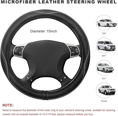 Car Steering Wheel Cover, 15 Inch Anti-Slip Breathable Leather Auto Steering Wheel Protector, Full Surround Soft Steering Wheel Cover for Men Women, Car Interior Accessories (Black & White)