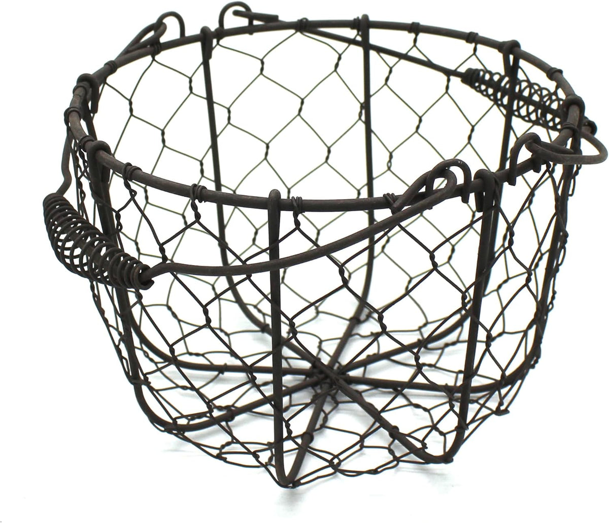 CVHOMEDECO. Round Chicken Wire Egg Basket Fruit Basket with Swing Handles Primitives Vintage Gathering Basket. Rusty