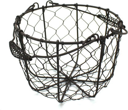 CVHOMEDECO. Round Chicken Wire Egg Basket Fruit Basket with Swing Handles Primitives Vintage Gathering Basket. Rusty