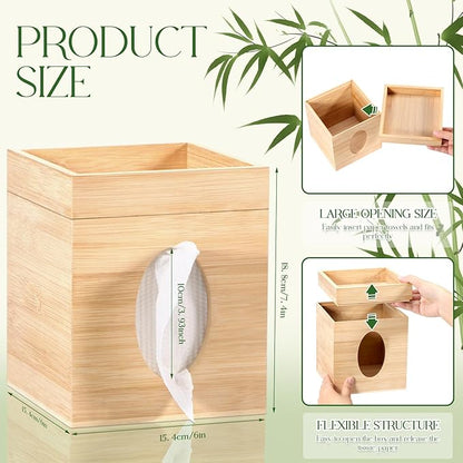 Tissue Box Cover, Bamboo Tissue Box Cover with Storage Tray Square Tissue Box Covers Holder for Bathroom, Bedroom, Dinner Table, Office, Tabletop 6" x 6" x 7.4"