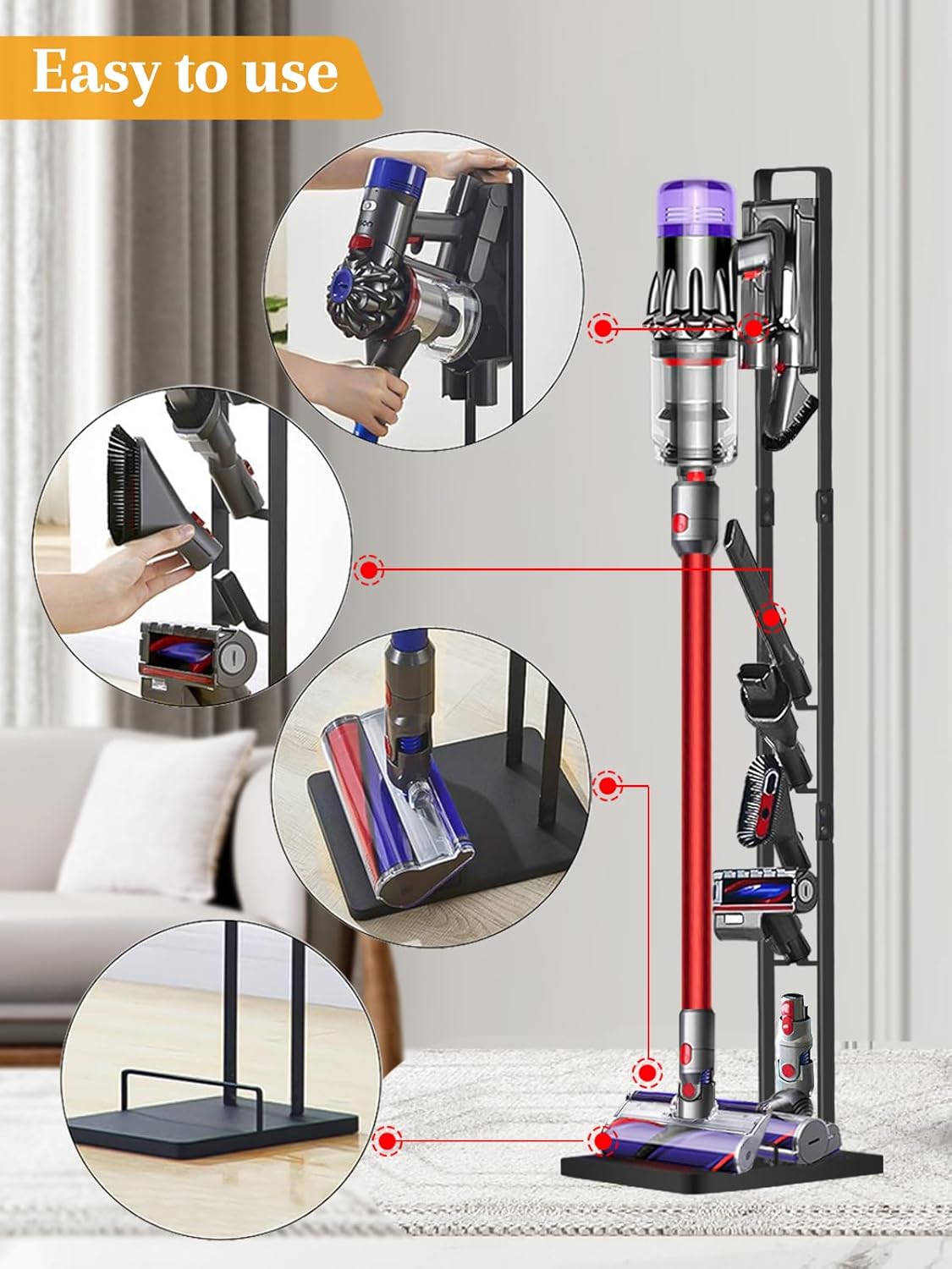 Haturi Vacuum Stand for Dyson V15 V12 V11 V10 V8 V7 V6, Metal Storage Holder for Cordless Vacuum & Accessories, Compatible with DC30 DC31 DC34 DC35 DC58 DC59 DC62 DC74, Black