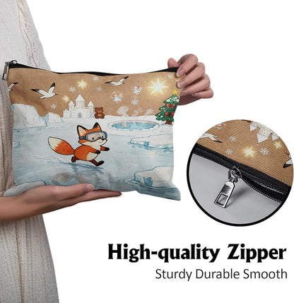 Cafl Fox Ice Skating Makeup Bag Travel Large Fox Cosmetic Bag Organizer toiletry Essentials Jewelry Zipper Bag Gift For Women -10×8 inch