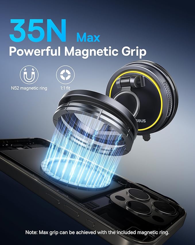 Baseus for Magsafe Car Mount, Vacuum 119LBS Magnetic Suction Cup Phone Holder for Car, 720° Adjustable Foldable Cell Phone Holder with Reusable Washable Gel for Car & for iPhone 17 16 15 14 13 Pro Max