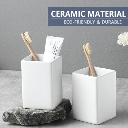 Toothbrush Holders for Bathrooms - 2 Cups Ceramic Square Toothbrush Toothpaste Holders Set, White Square Bathroom Tumbler Cups Reusable Toothbrush Mouthwash Cup, Bathroom Counter Organizer.