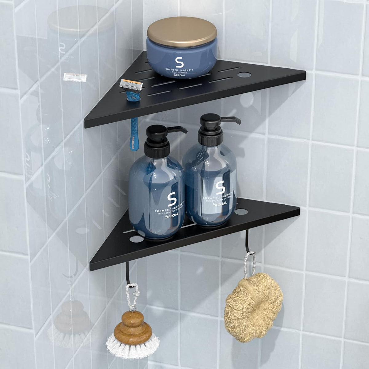 DAYONE Matte Black Corner Shower Shelf 2 Pack 10", Bathroom Corner Shower Organizer Shelf for Tiled Wall, SUS304 Stainless Steel Slot Design Recessed Organizer Shelves with 2 Hooks and 4 Holes