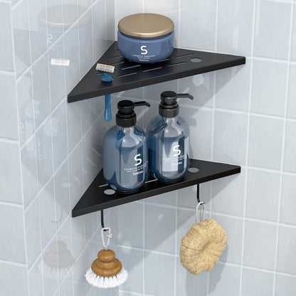 DAYONE Matte Black Corner Shower Shelf 2 Pack 10", Bathroom Corner Shower Organizer Shelf for Tiled Wall, SUS304 Stainless Steel Slot Design Recessed Organizer Shelves with 2 Hooks and 4 Holes