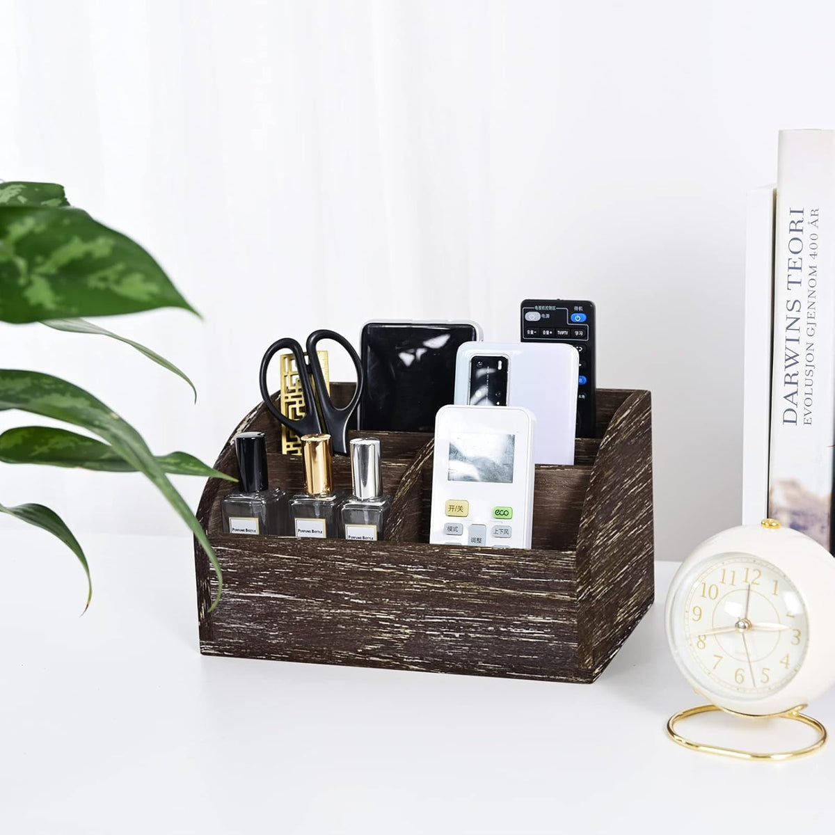 OKSQW Wood Desk Organizer, Solid Wooden Dark Brown Pen Holder for Desktop Organizer, No Need Assembly, Home Office Supplies Workspace Organizers Mail Holder Remote Control Countertop Storage Box