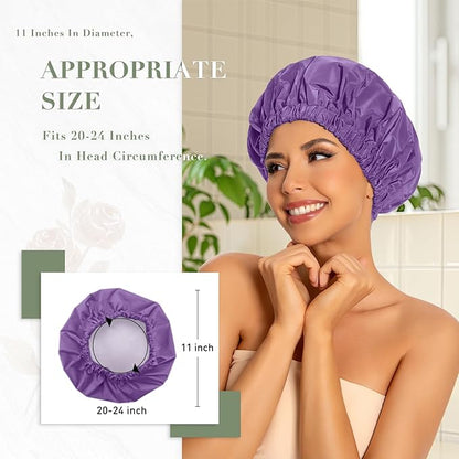 Reusable Shower Cap for Women, Large Waterproof Shower Essentials Bonnet Washable Elastic Band Bath Hair Wrap Hat for Long Hair, Braids(Lavender)