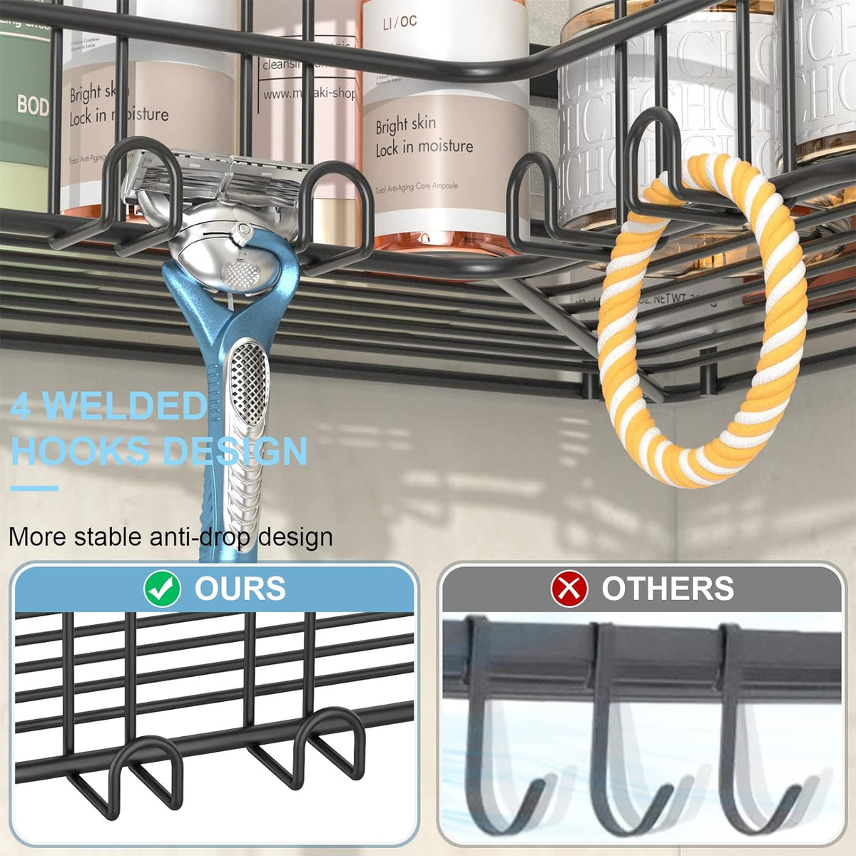 Yazoni Corner Shower Caddy, 4-Pack Adhesive Shower Shelves with Soap Holder No Drilling, Rustproof Bathroom Shower Organizer Storage, Black