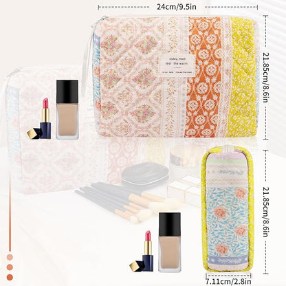 Gosect Floral Makeup Bag, Small Cosmetic Bag for Women Girls, Cute Cotton Makeup Bag, Quilted Makeup Bags, Flower Travel Toiletry Organizer Bag(Color-Coded Floral)