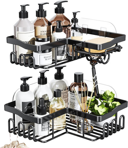 Corner Shower Caddy with Soap Holder, 2 Pack Stainless Steel Corner Shower Organizer with 11 Hooks, No Drilling & 6 Strong Adhesives Corner Shower Shelf Bathroom Organizer for Shower Room, Black