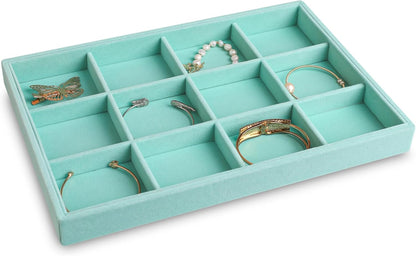 Frebeauty Stackable Velvet Jewelry Organizer Trays for Drawers Inserts Jewelry Storage Tray Display Case, Stud Earrings Bracelets Necklace Rings Accessories Trays for Women(Set of 4)(Turquoise)