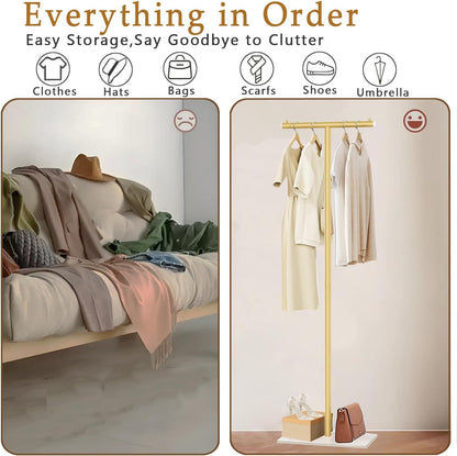 T-Shaped Metal Rack Stand,Modern Clothes Rack With Rock Slab Base,60.3 Inch Freestanding Clothing Rack Stand,Suitable For Boutiques, Entryway, Bedroom, Living Room, (Golden Yellow,60.3 Inch)