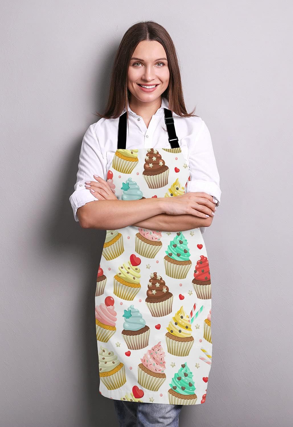 Yummy Colored Cupcakes Adjustable Bib Apron, Cute Cupcake Pattern Apron, Sweet Dessert Cooking Kitchen Apron for Men Women