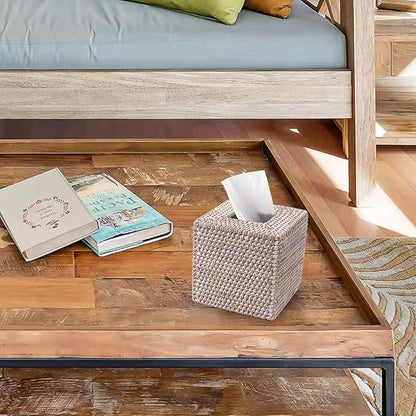 Rattan Tissue Box Cover Square, Hand Woven Wicker Tissue Holder, 5.5 x 5.5 X 5.7 inch, Whitewash