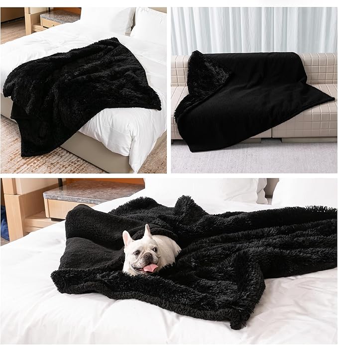 Wowchine Black Pet Calming Couch Throw Blankets for Dogs Waterproof Dog Blanket Fluffy Long Faux Fur for Little Dog Cat Puppy Mat Washable(Black,XS-28 * 20in)
