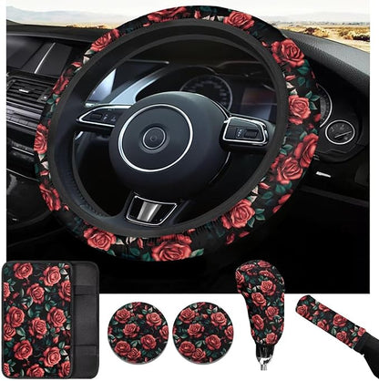 Rose Flower Print Car Steering Wheel Cover for Women 6pcs Car Interior Decor Set Handbrake Cover Cup Coaster Universal Fit Auto,Suvs,Truck