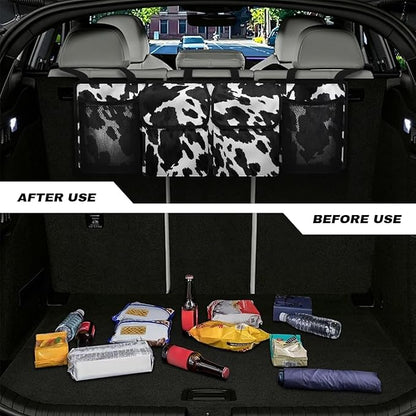 Car Trunk Organizer and Storage, Black Cow Print Car Organizer Keep the Car Clean and Tidy, Washable Car Organization Women Automotive Interior Accessories for SUV/MPV/Truck/Van/Sedan
