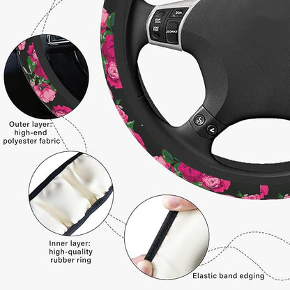 Red Rose Steering Wheel Cover, Cute Print Steering Wheel Cover Protector, Ultra-Thin with Personalized Pattern Design, Car Accessories for Women, for Steering Wheel with a Diameter of 14.5"-15"