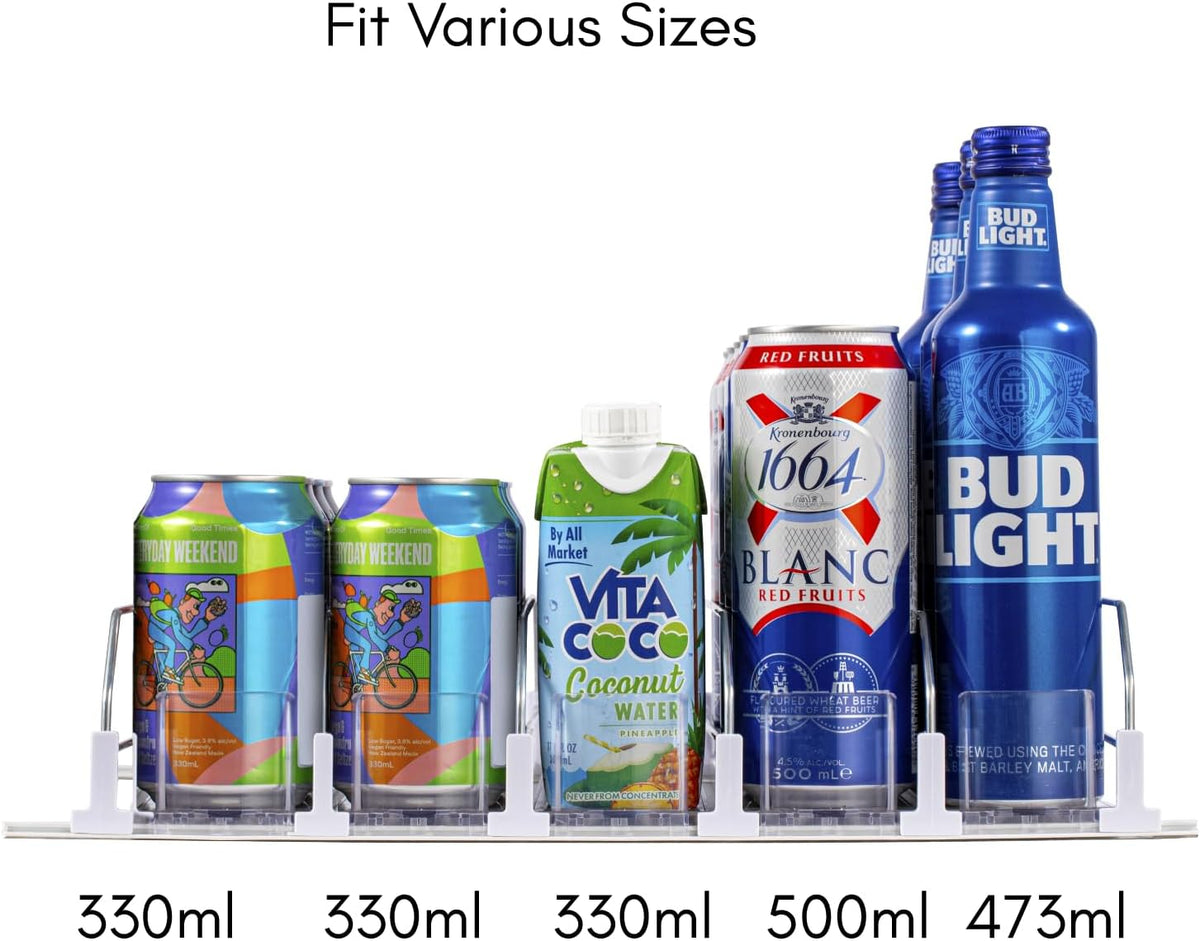 RULA Drink Organizer for Fridge, Self-Pushing Soda Can Dispenser for Refrigerator, Width Adjustable Beverage Pusher Glide - Holds up to 25 Cans (15" D, 5 Rows)