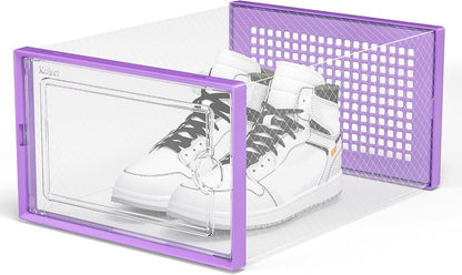 Kuject X-Large Shoe Storage Boxes Organizers Clear Plastic Stackable 12 Pack, Shoe Rack & Holder Substitute, Sneaker Containers, Toy Storage Organizer Bins for Entryway, Closet, Under Bed, Purple