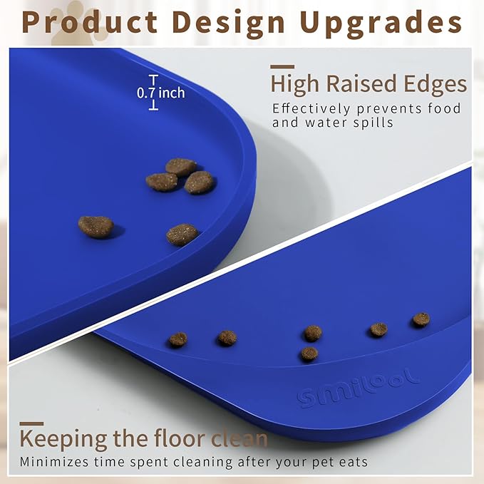 Smilool Silicone Pet Food Mat with Raised Edge for Food and Water Bowl, Dog Feeding Mats, Cat Food Trays for Floor Waterproof, Rubber Tray for Dogs and Cats, 17 x 12 x 0.7 Navy Blue