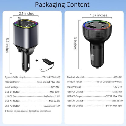 [2 Pack] Retractable Car Charger USB C 78W & 85.5W 4 in 1 Fast Car Charger, 4 Ports Cigarette Lighter Adapter with Retractable Cables, Compatible with iPhone 16/15/14/13/12/11, Galaxy, Pixel,