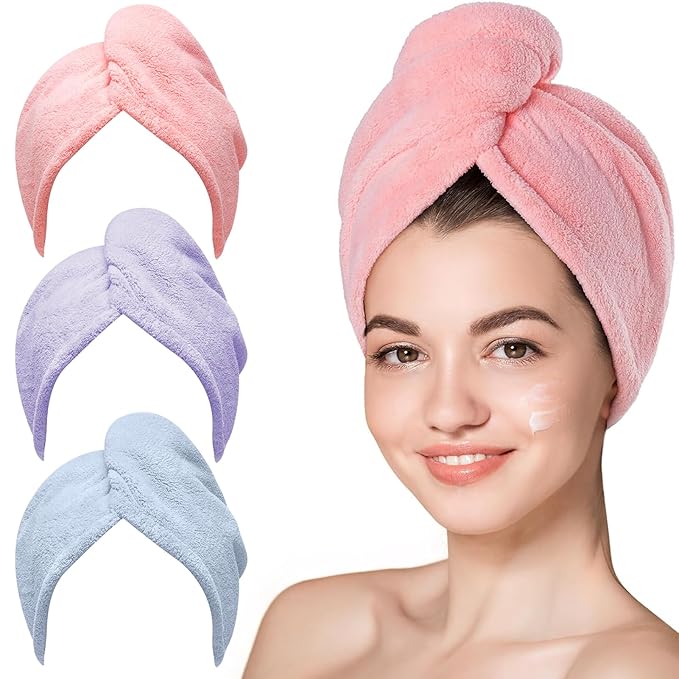 Hicober Microfiber Hair Towel, 3 Packs Hair Turbans for Wet Hair, Drying Hair Wrap Towels for Curly Hair Women Anti Frizz (Pink,Blue,Purple)