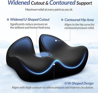 ZIKEE Thickened Seat Cushion, Ergonomic Memory Foam Hemorrhoid Pillow for Hip, Sciatica, Long Sitting Relief, 6.0" Thick Office Chair Cushion with Widened Cutout for Tailbone Pain Relief in Car, Home