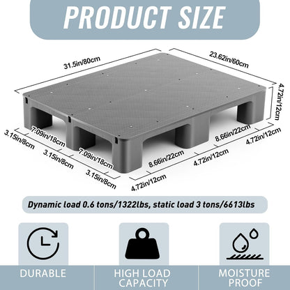 2 Pcs Plastic Pallet for Basement Storage Easy Stack Lightweight Floor Pallet Display Flooring Room Supermarket Christmas, Support up to 2000 Lbs (31.5'' L X 24'' W X 4.7'' H,Grey)