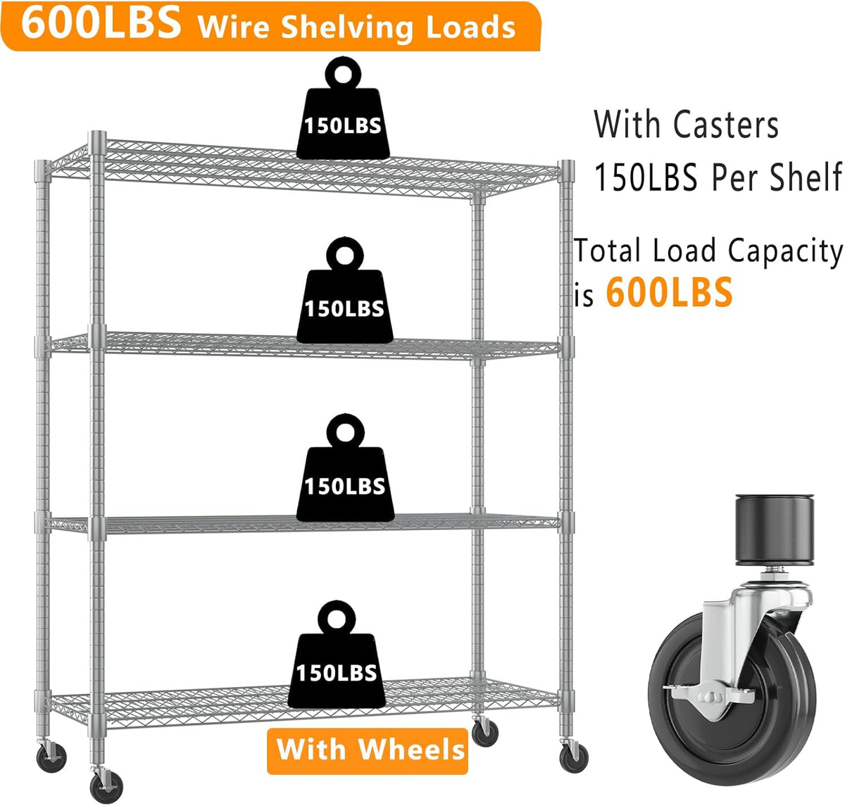 Himimi Storage Shelves 60"W Wire Shelving with Wheels 2600LBS Heavy Duty Metal Shelves for Storage, 4-Tier Adjustable Wire Rack Shelving Garage Shelving Kitchen Storage Shelves 24"Dx60"Wx72"H, Silver