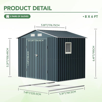 Breezz 6x8FT Outdoor Steel Storage Shed with Frame Floor,Clear Window, Lockable Doors, Weather-Resistant Metal Tool Shed for Garden, Backyard, Patio, and Utility Storage